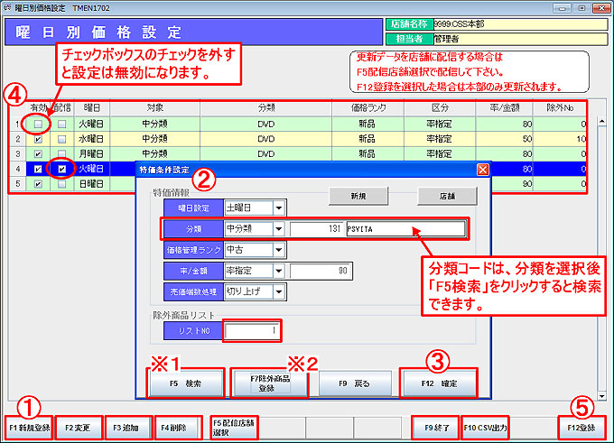 特価条件設定-曜日別